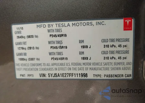 2015 Tesla Model S 70D/85D/P85D z USA, uszkodzony, nr VIN 5YJSA1E27FF111998